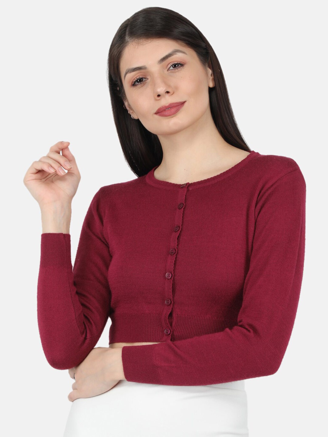 

Monte Carlo Women Maroon Modal Nylone Solid Crop Cardigan