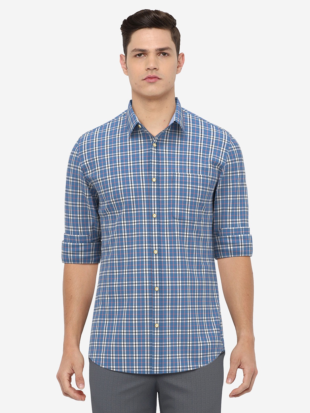 

Peter England Casuals Men Blue Slim Fit Tartan Checks Checked Pure Cotton Casual Shirt