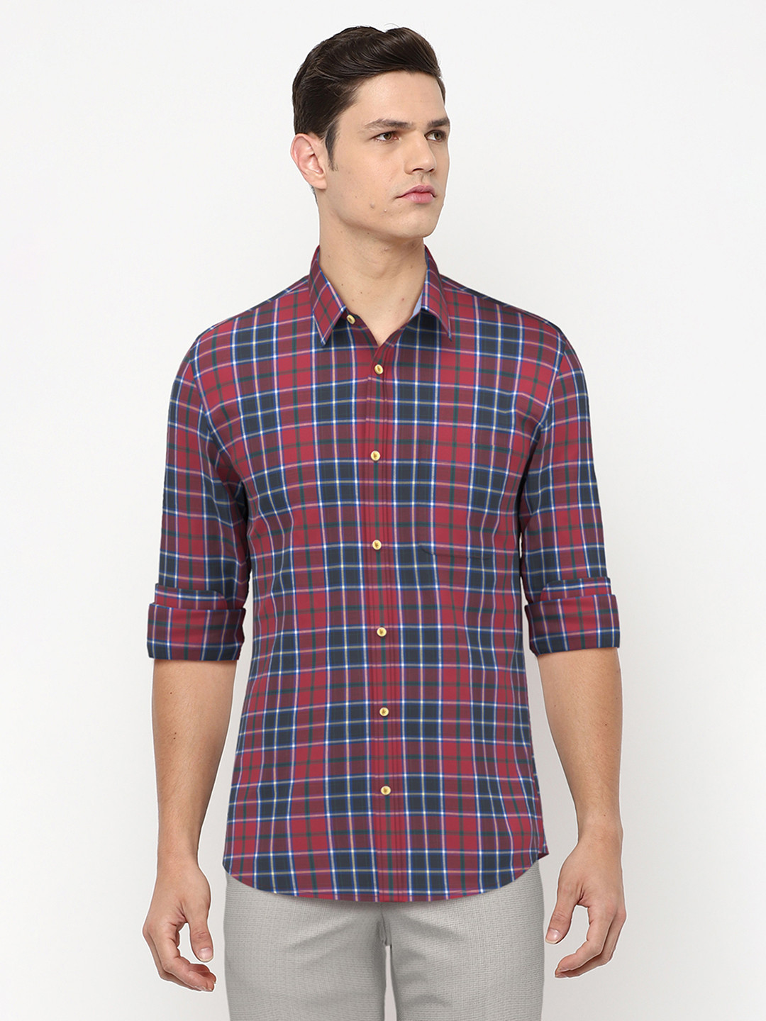 

Peter England Casuals Men Pink Slim Fit Tartan Checks Checked Casual Shirt