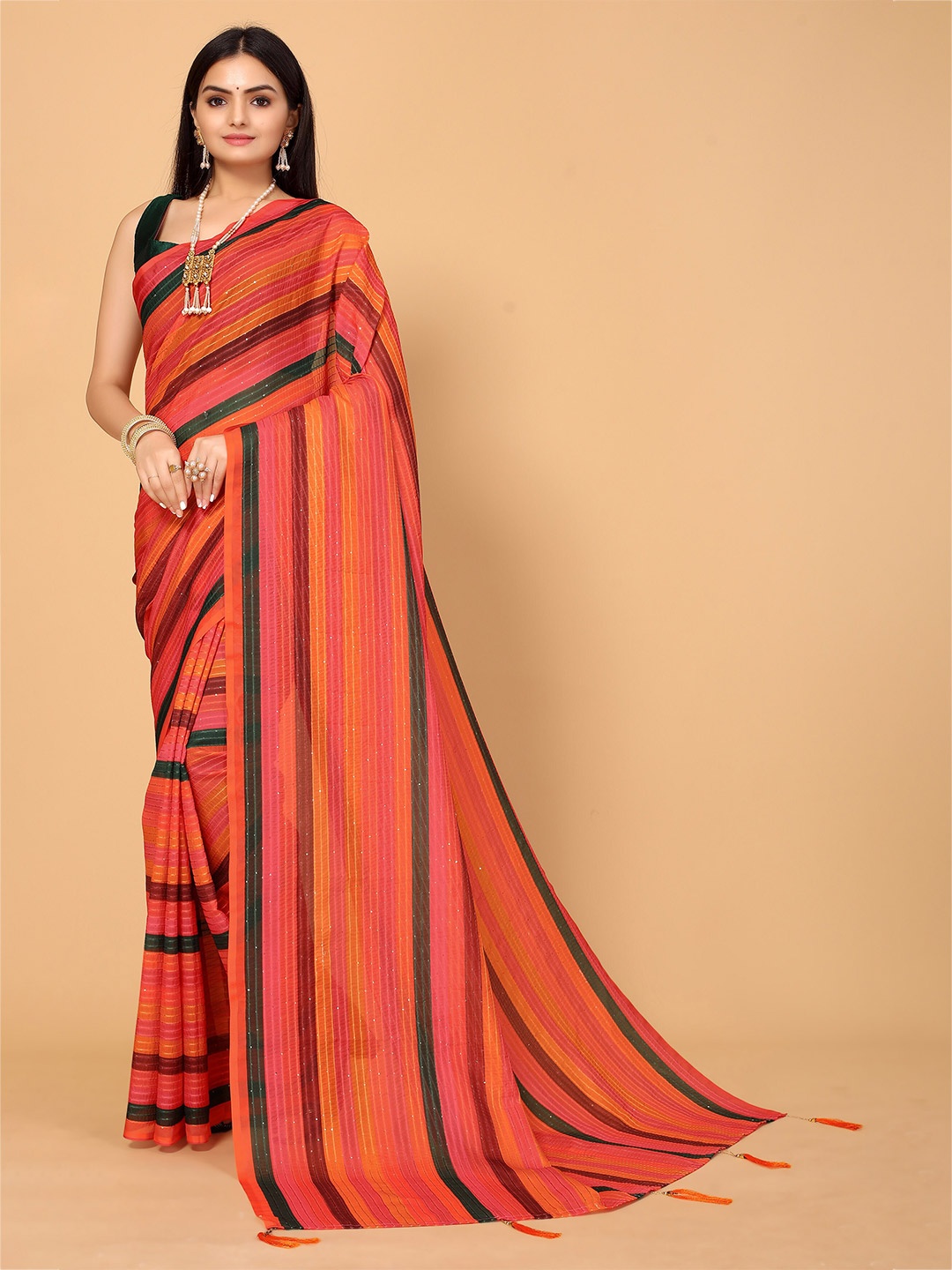

Mitera Red & Black Striped Sequinned Saree