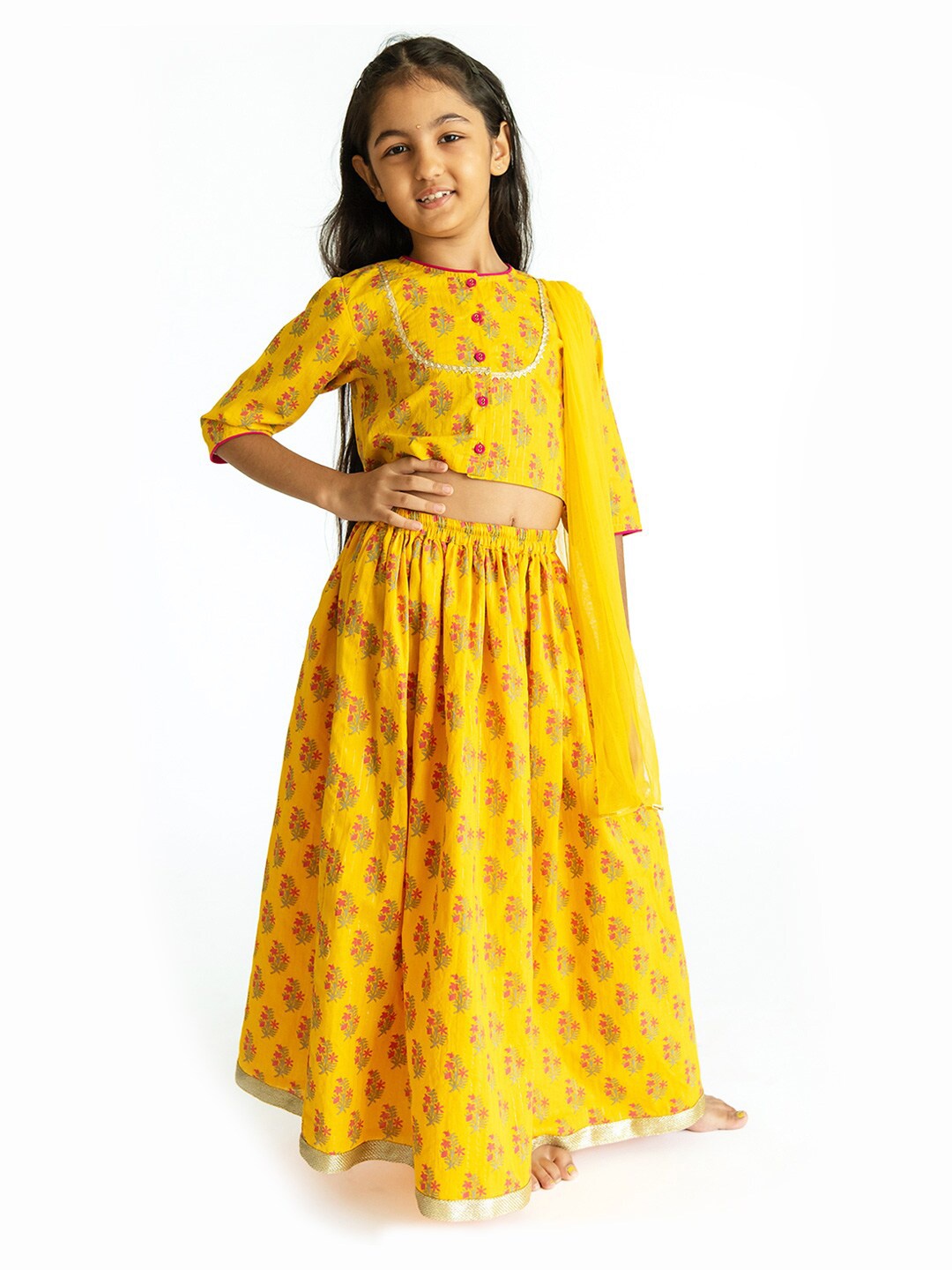 

Campana Girls Yellow & Red Printed Ready to Wear Lehenga & Blouse With Dupatta