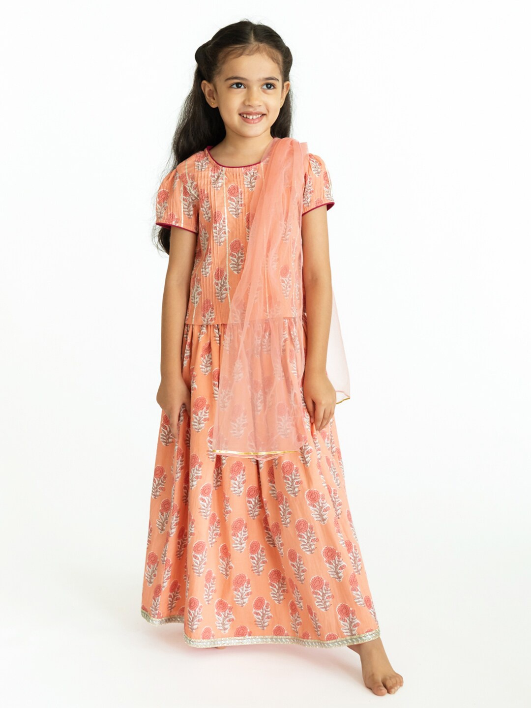 

Campana Girls Peach-Coloured & White Printed Ready to Wear Lehenga & Blouse With Dupatta