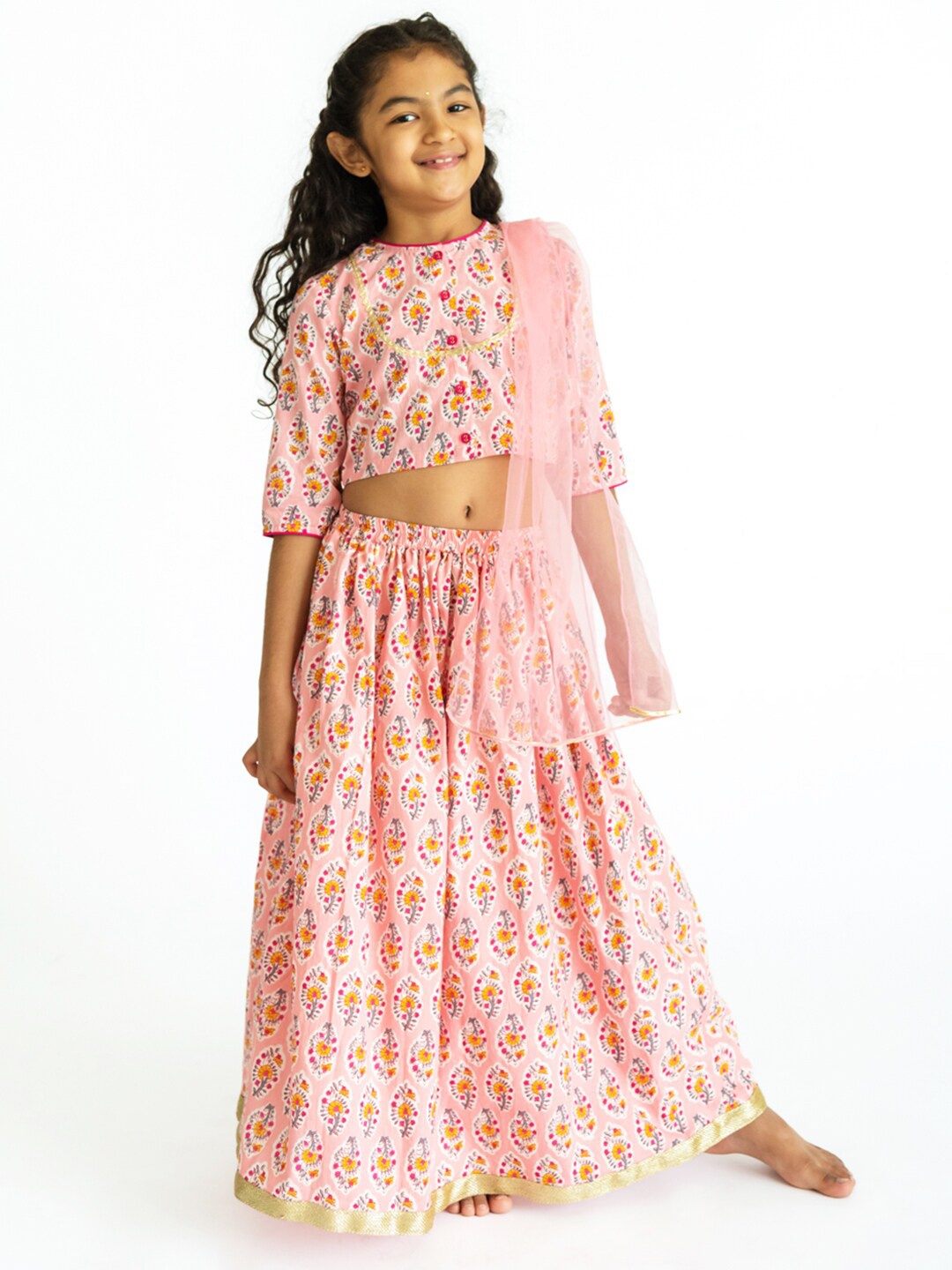 

Campana Girls Pink & Blue Printed Ready to Wear Lehenga & Blouse With Dupatta