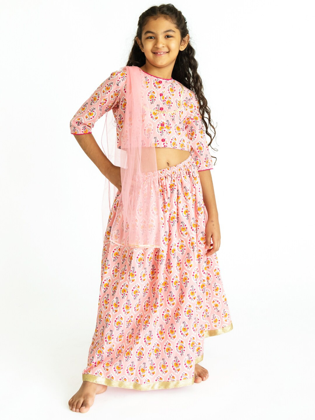 

Campana Girls Pink & Mustard Printed Ready to Wear Lehenga & Blouse With Dupatta