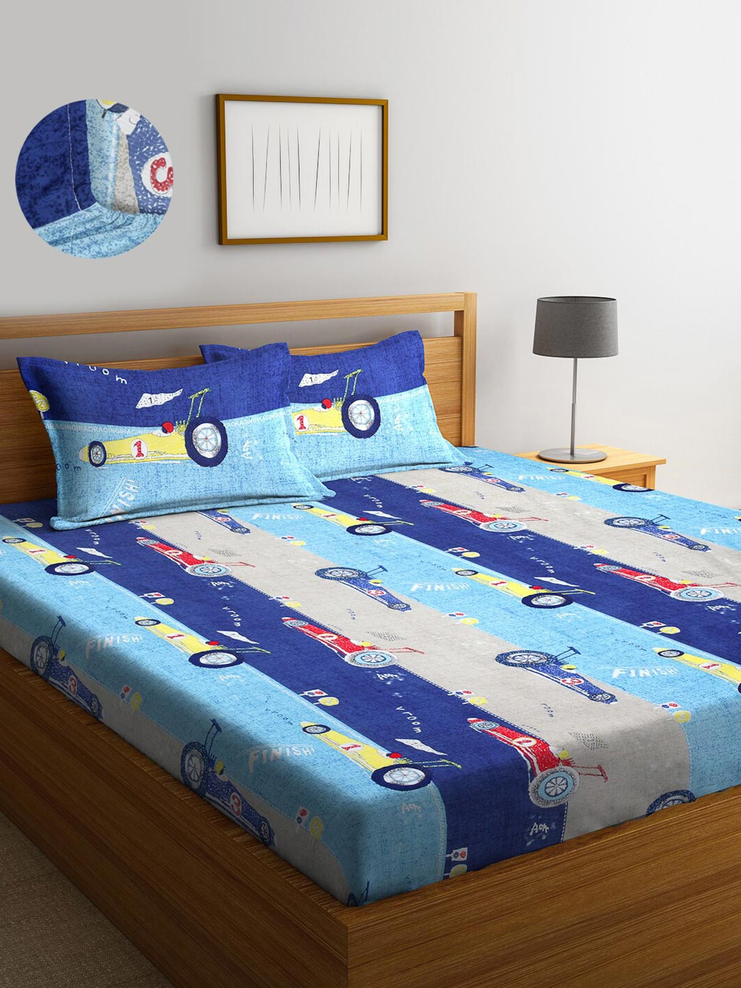 

KLOTTHE Blue Cartoon Characters 300 TC Fitted Double Bedsheet with 2 Pillow Covers