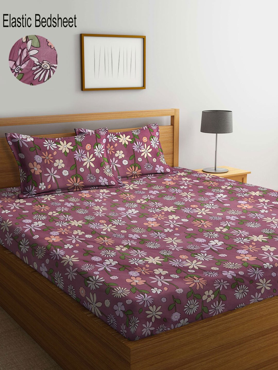 

KLOTTHE Pink & White Floral 300 TC Fitted King Bedsheet with 2 Pillow Covers