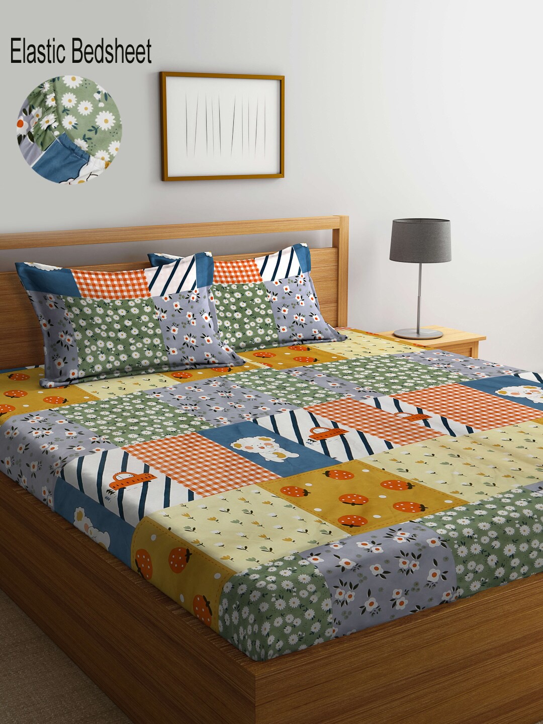 

KLOTTHE Floral 300 TC Fitted Double Bedsheet with 2 Pillow Covers, Green