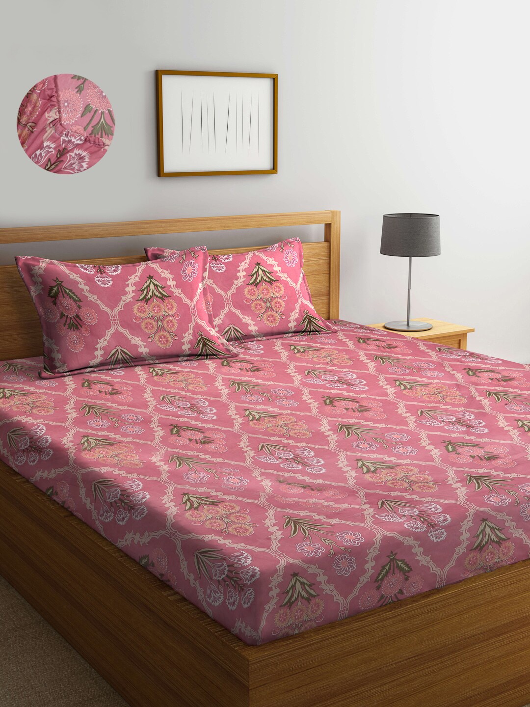 

KLOTTHE Peach-Coloured Floral 300 TC Fitted Super King Double Bedsheet & 2 Pillow Covers