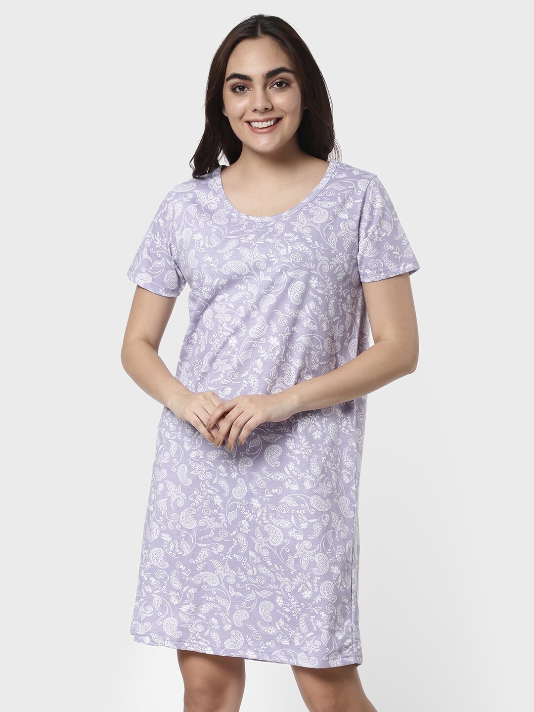 

R&B Lavender Printed Knee-Length T-shirt Nightdress 8905380423833-Lavender