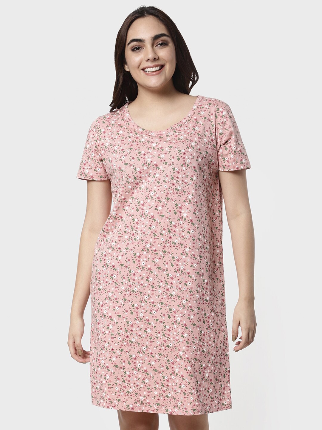 

R&B Women Pink Floral Printed Round Neck Knee Length Nightdress