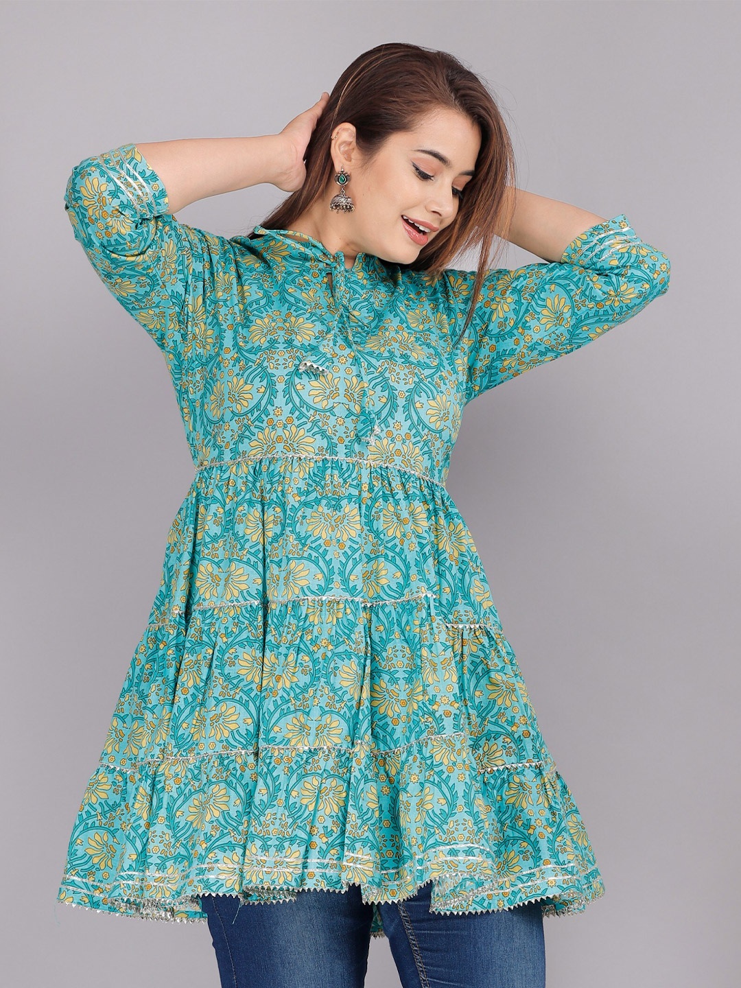

KALINI Turquoise Blue Floral Print Tie-Up Neck Top