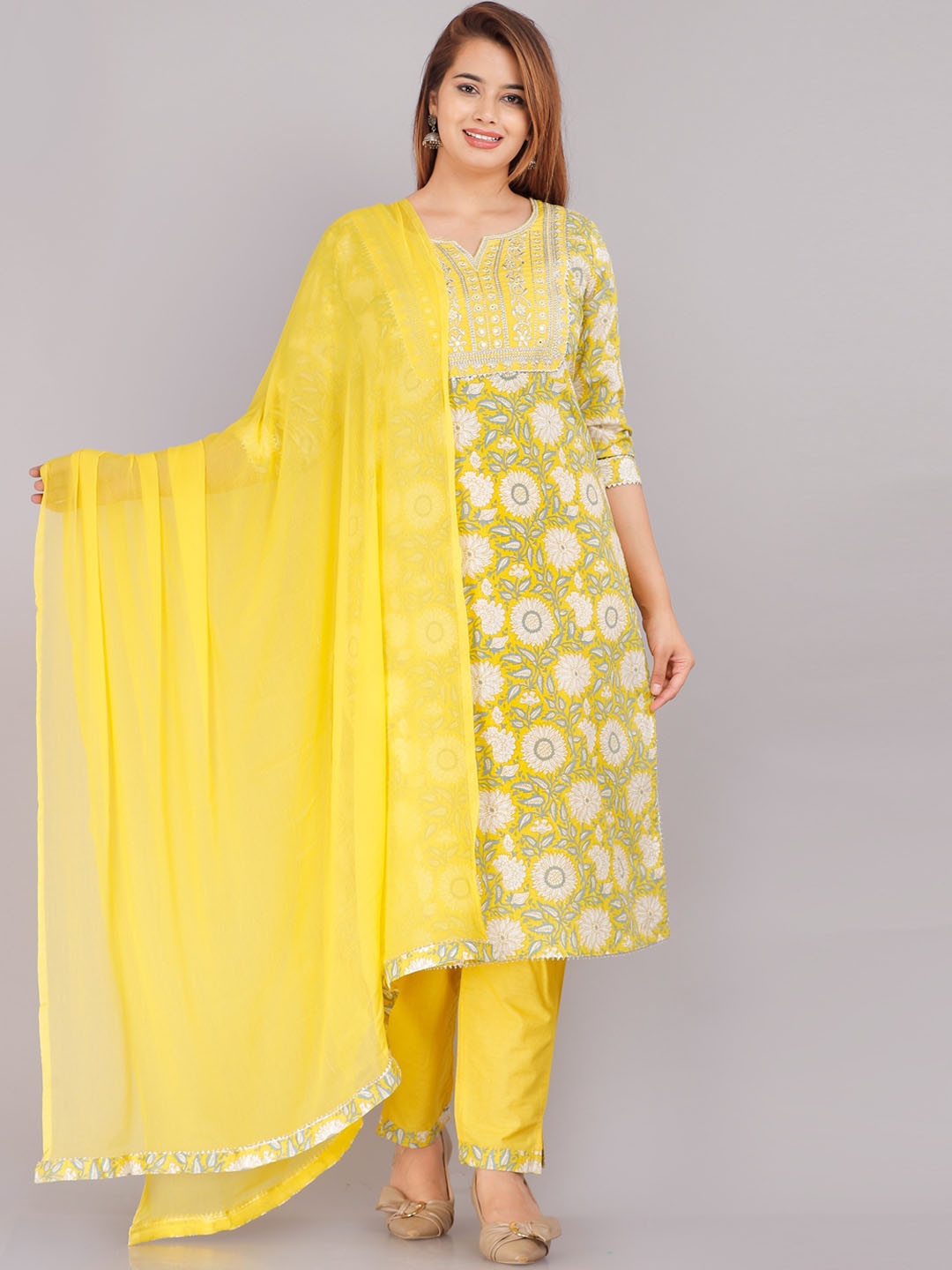 

KALINI Women Yellow Floral Printed Pure Cotton Kurta with Trousers & Dupatta