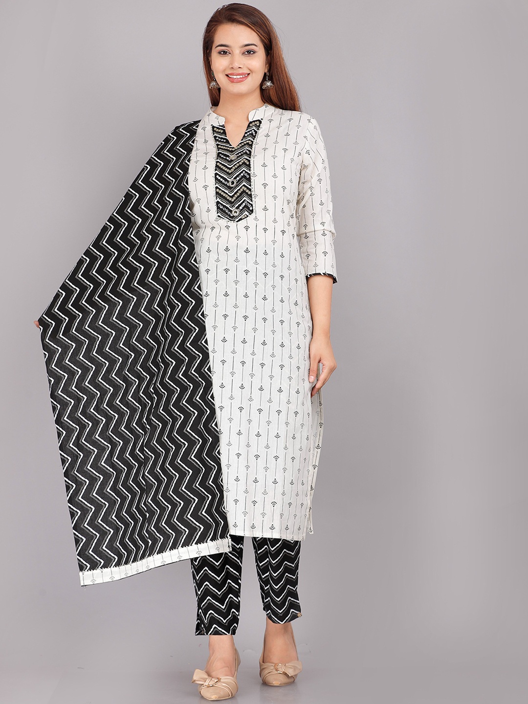 

KALINI Women White Printed Pure Cotton Kurta with Trousers & With Dupatta