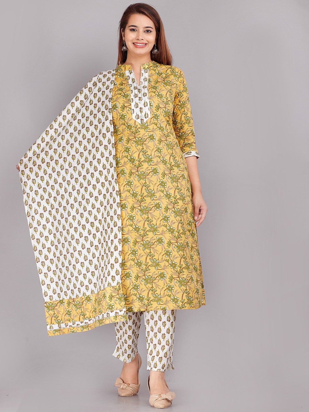 

KALINI Women Yellow Floral Printed Pure Cotton Kurta with Trousers & With Dupatta