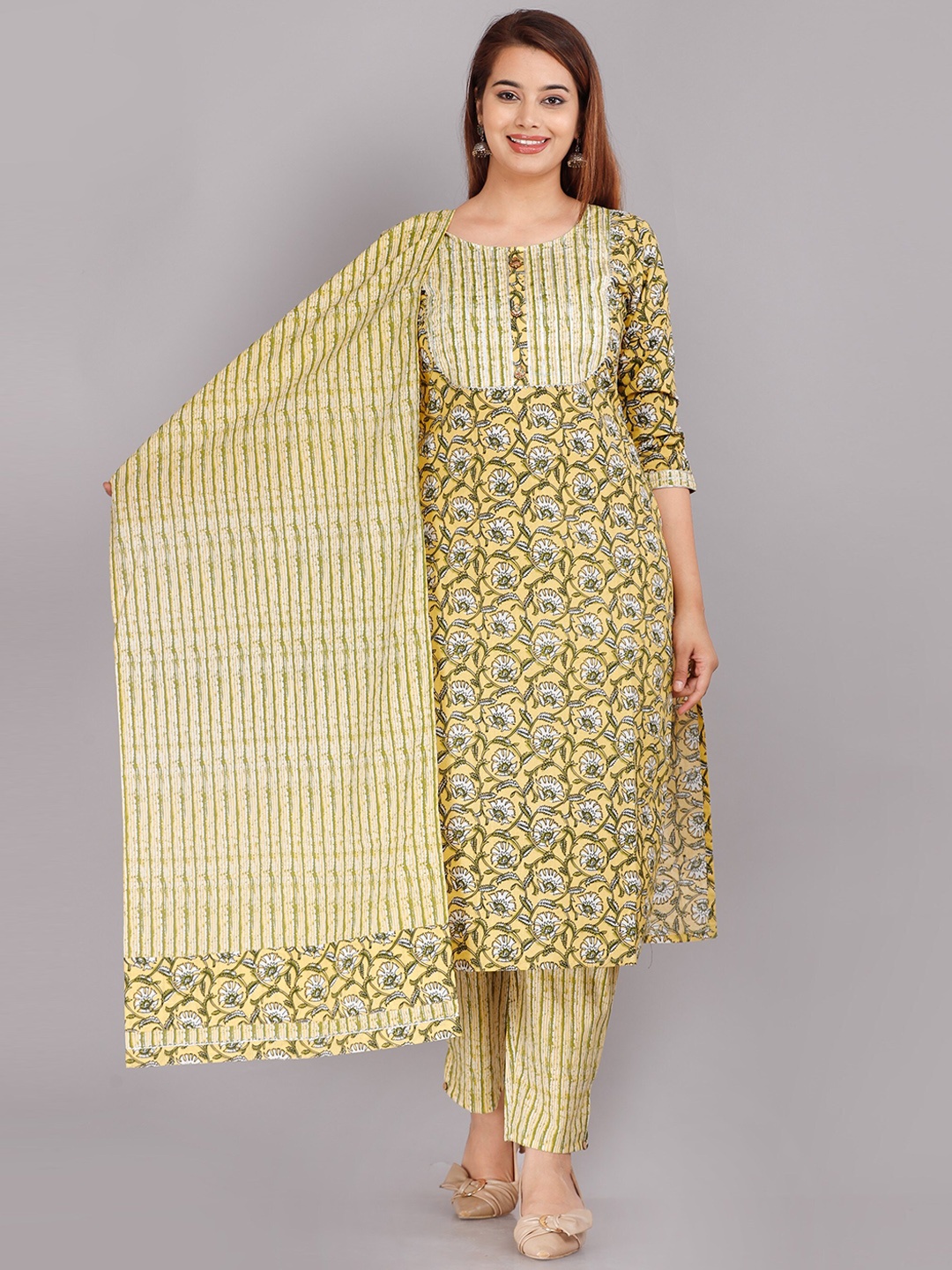 

KALINI Women Mustard Yellow Ethnic Motifs Printed Pure Cotton Kurta with Trousers & With Dupatta