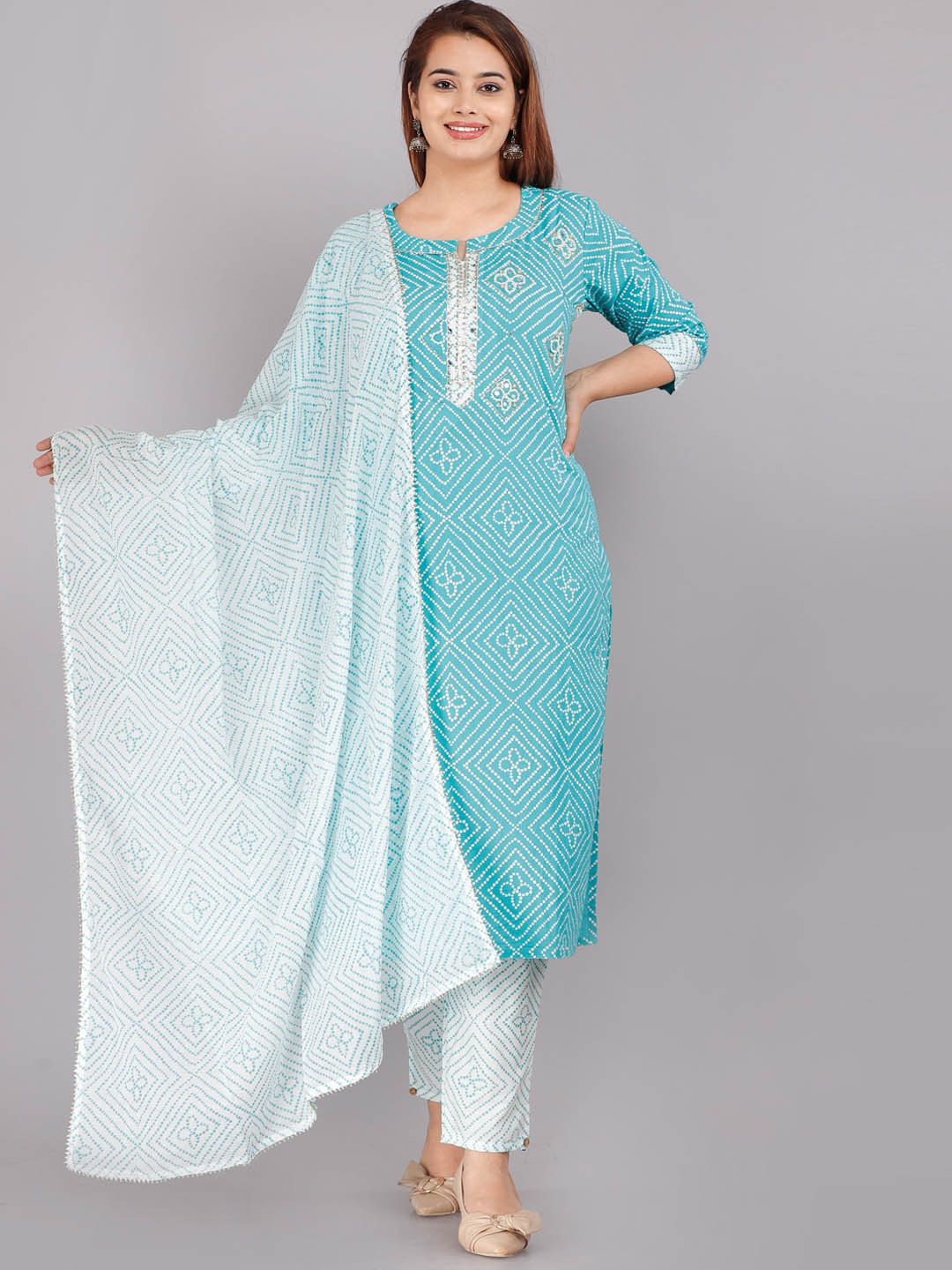 

KALINI Women Blue Bandhani Printed Pure Cotton Kurta with Trousers & Dupatta