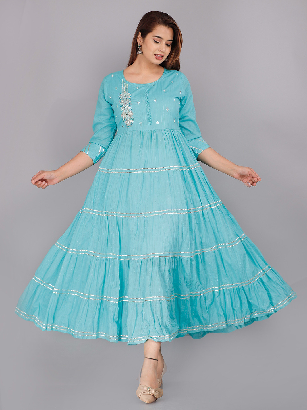 

KALINI Women Blue Ethnic Pure Cotton Fabric Round Neck Dress