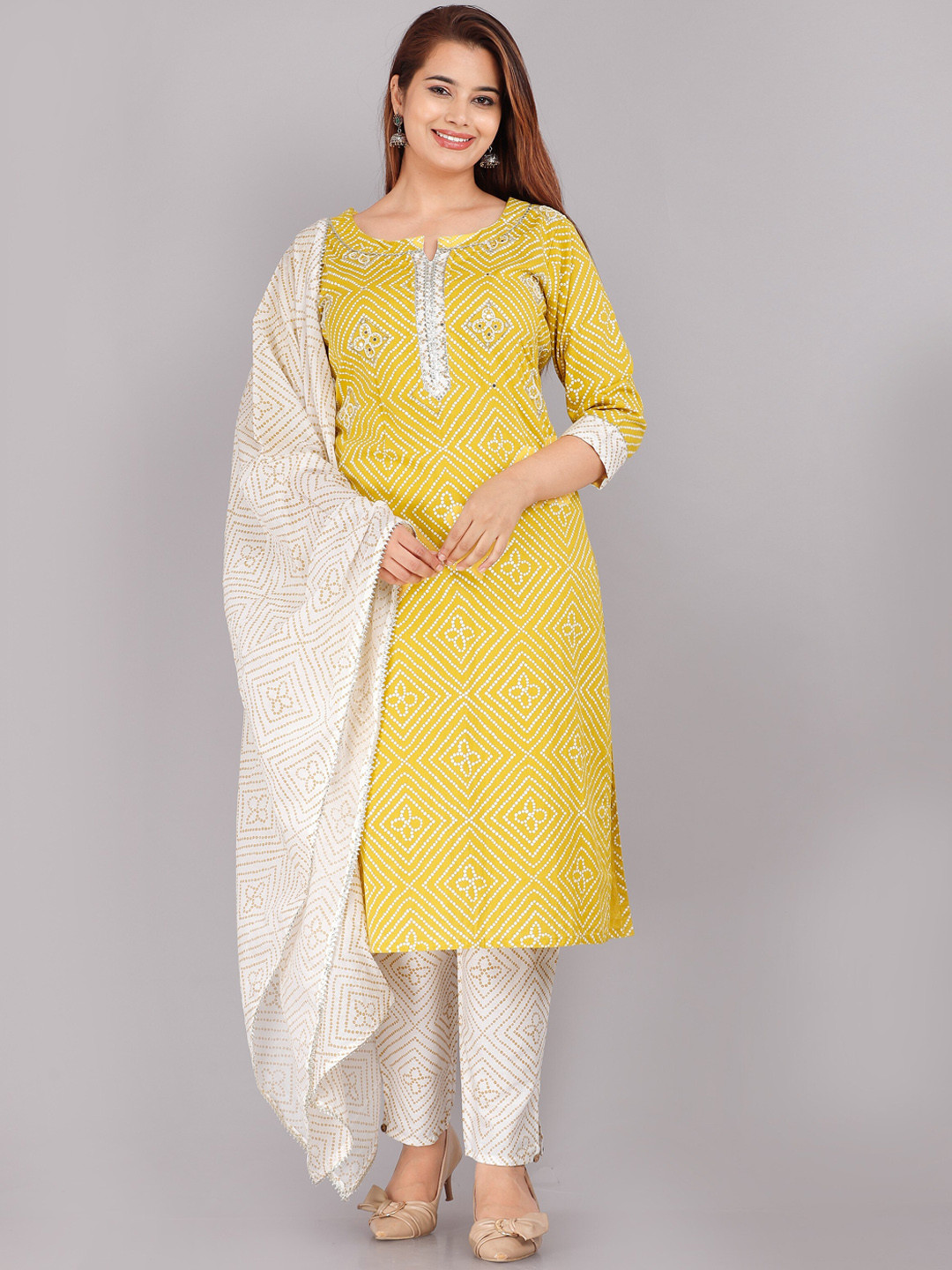 

KALINI Women Yellow Bandhani Printed Pure Cotton Kurta with Trousers & Dupatta