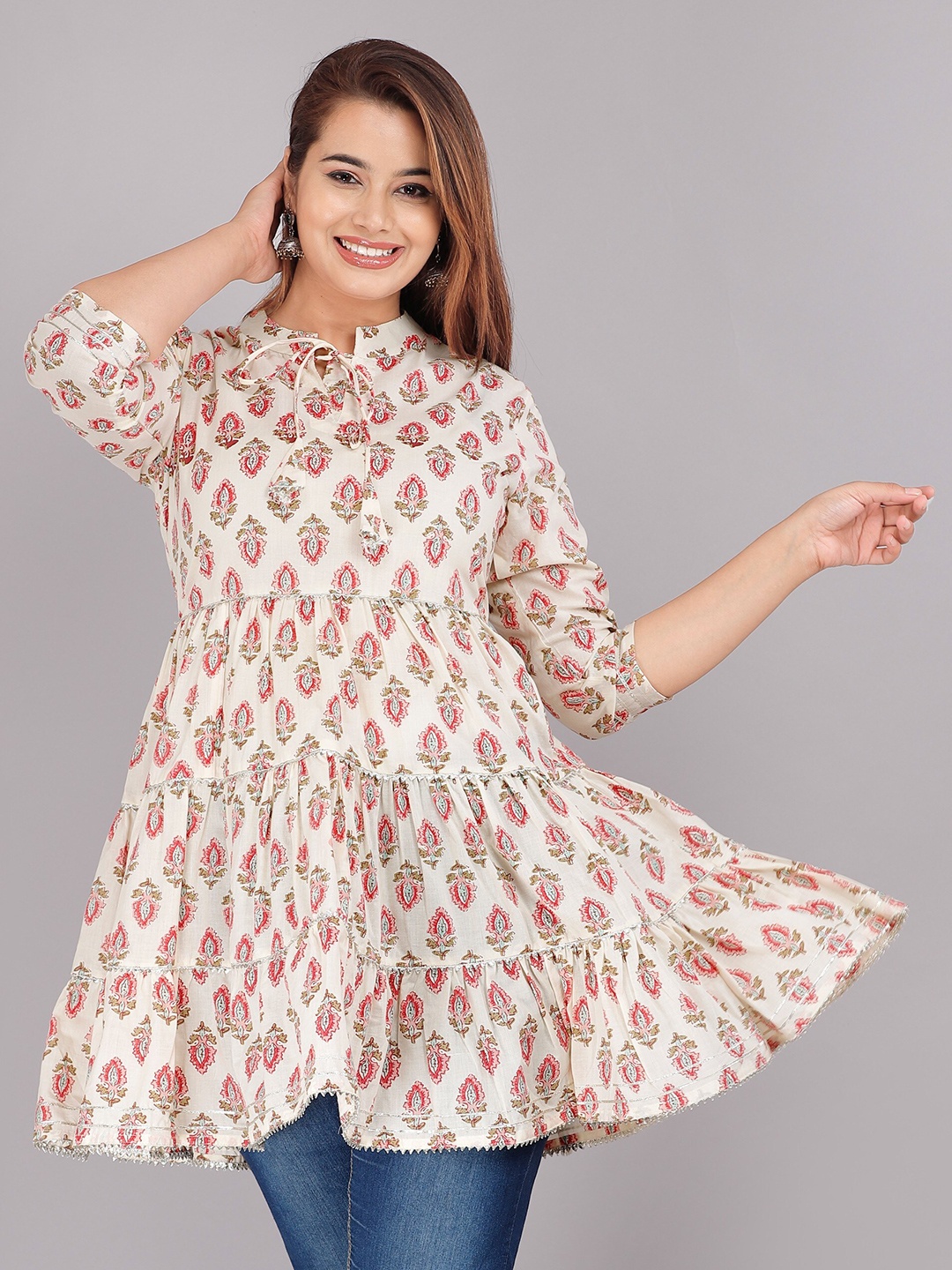 

KALINI White Floral Print Tie-Up Neck Tiered Top
