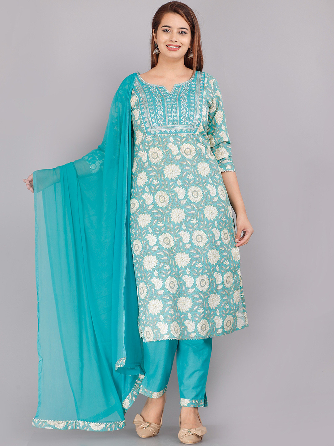 

KALINI Women Blue Ethnic Motifs Printed Pure Cotton Kurta with Trousers & With Dupatta