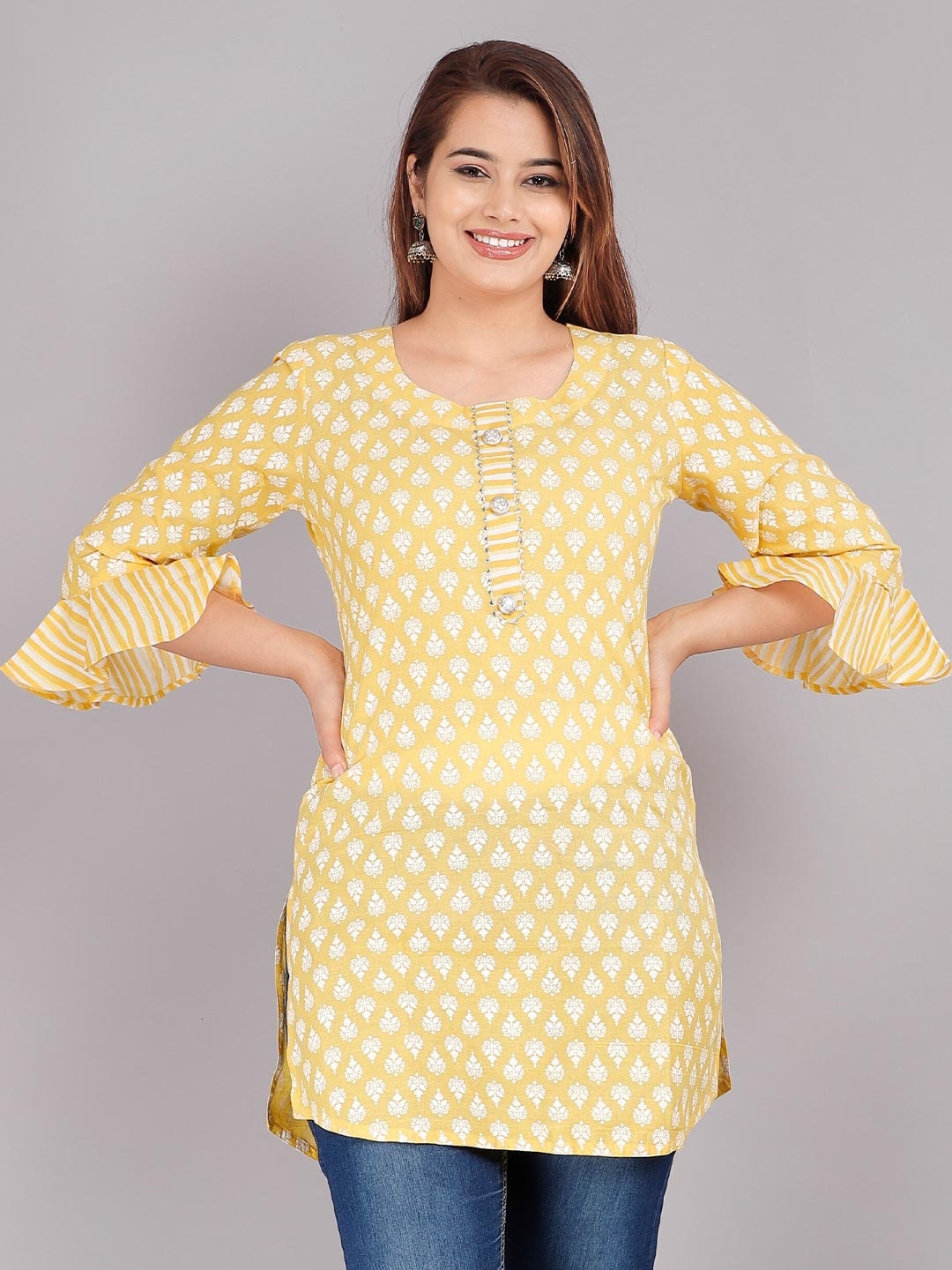 

KALINI Yellow & White Print Longline Top