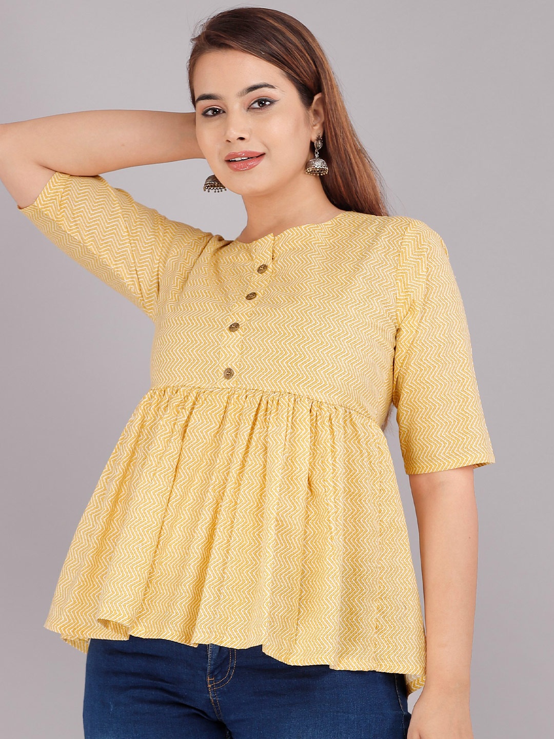 

KALINI Yellow Solid Pure Cotton Peplum Top