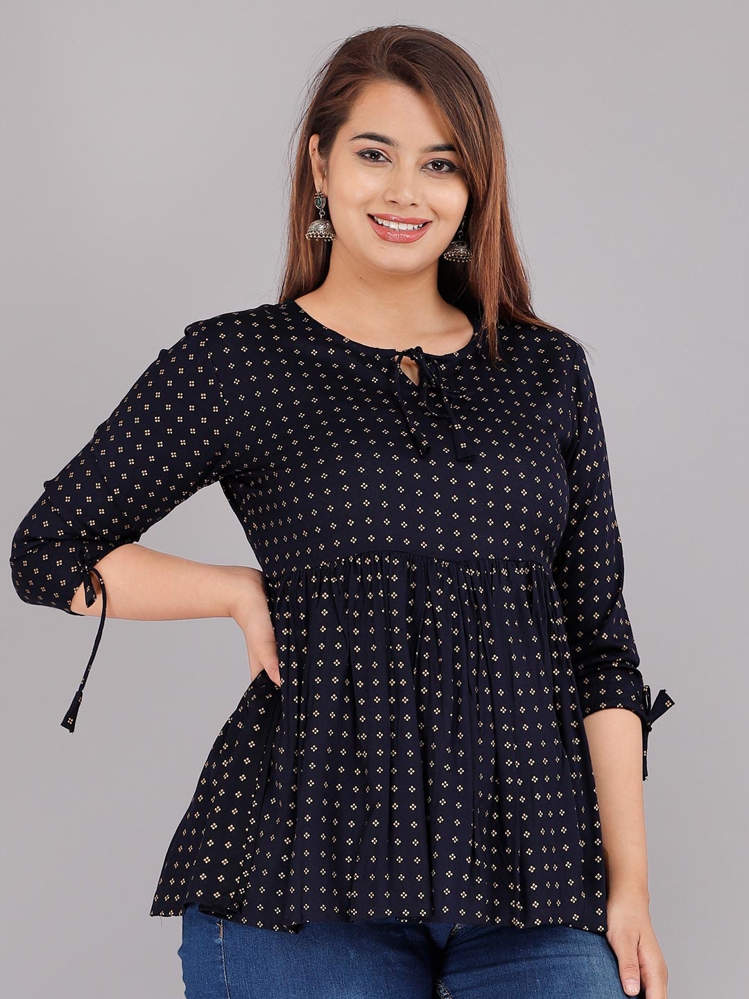 

KALINI Women Navy Blue Geometric Print Tie-Up Neck Top
