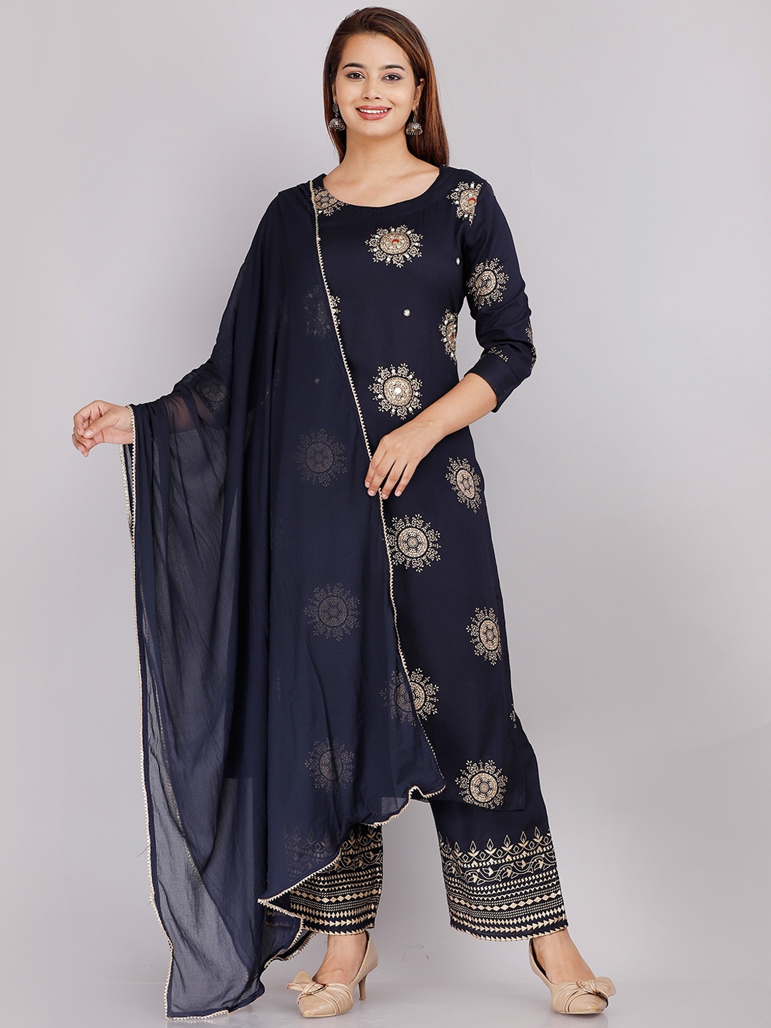 

KALINI Women Navy Blue Floral Printed Kurta with Palazzos & With Dupatta