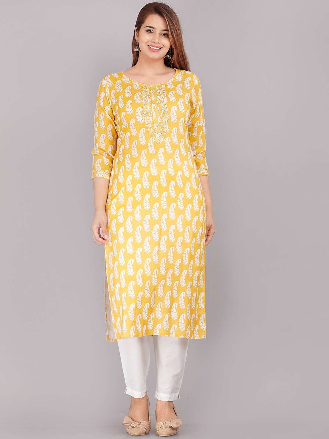 

KALINI Women Yellow Ethnic Motifs Printed Floral Kurta