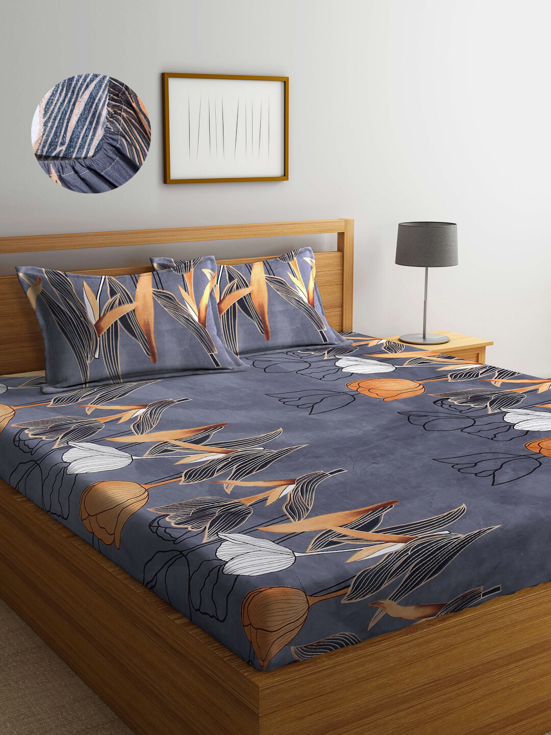 

Arrabi Grey & Orange Floral 300 TC King Bedsheet with 2 Pillow Covers