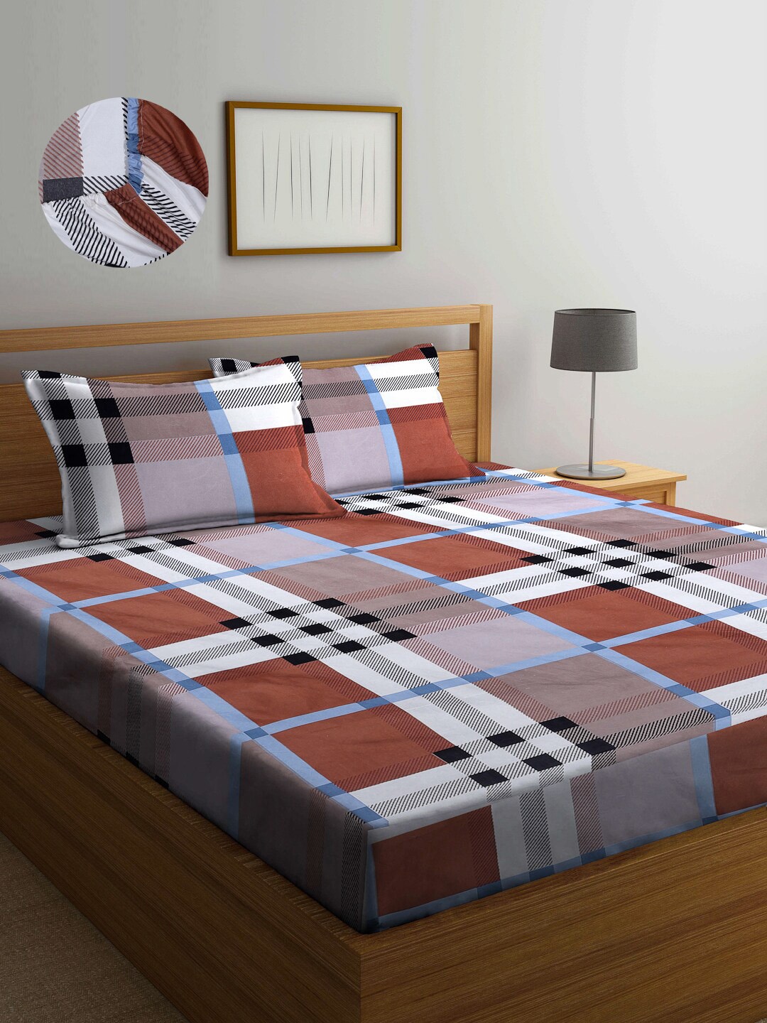 Arrabi Brown & White Geometric 300 TC King Bedsheet with 2 Pillow Covers