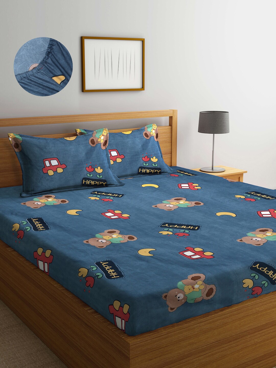 

Arrabi Blue & Mustard Cartoon Characters 300 TC King Bedsheet with 2 Pillow Covers