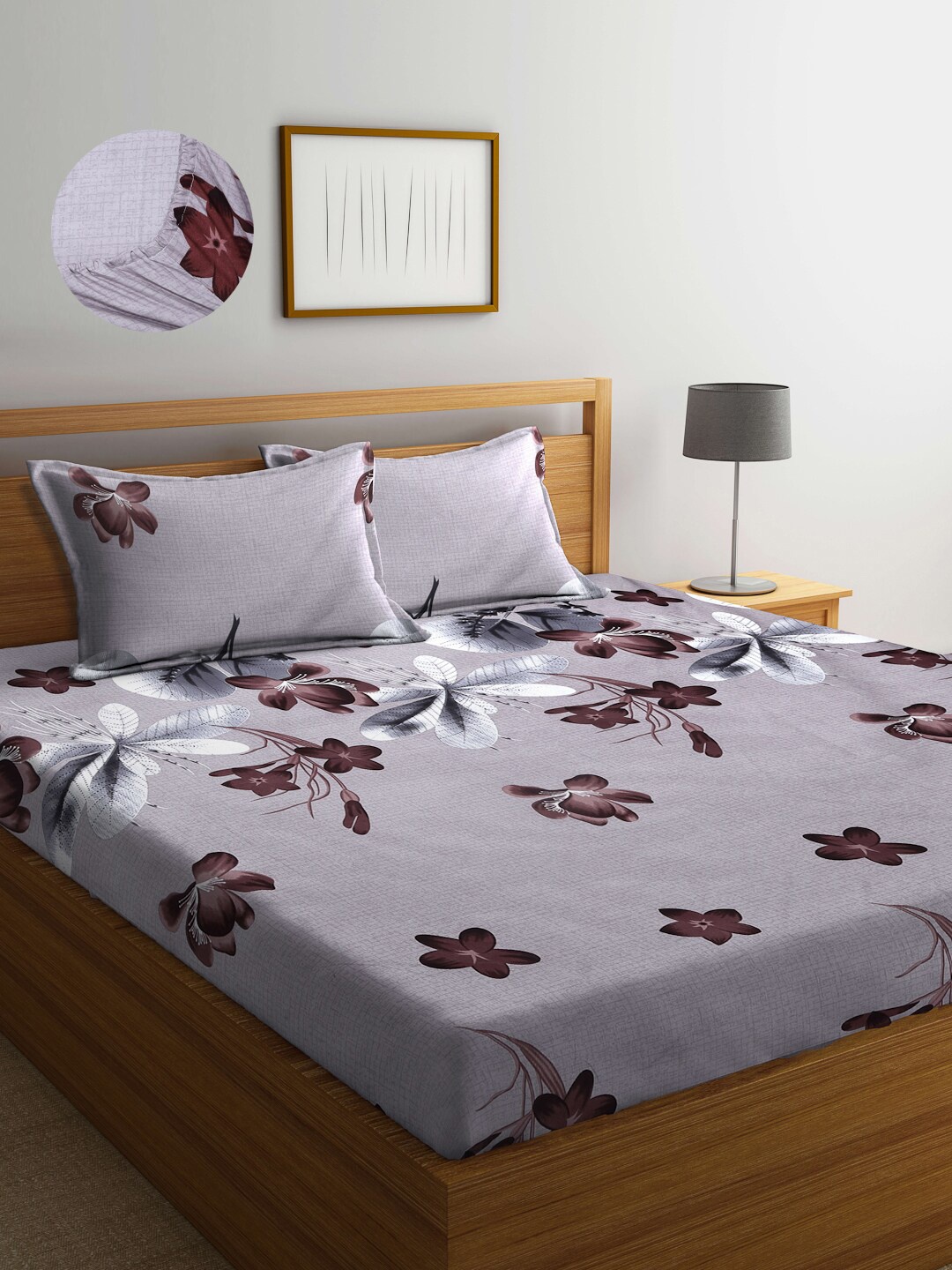 

Arrabi Grey & Brown Floral 300 TC King Bedsheet with 2 Pillow Covers