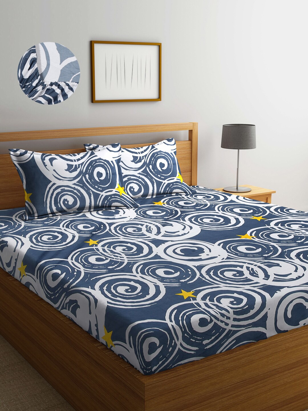 

Arrabi Grey & Blue 300TC Cotton Blend Double Size Fitted Bedsheet with 2 Pillow Covers