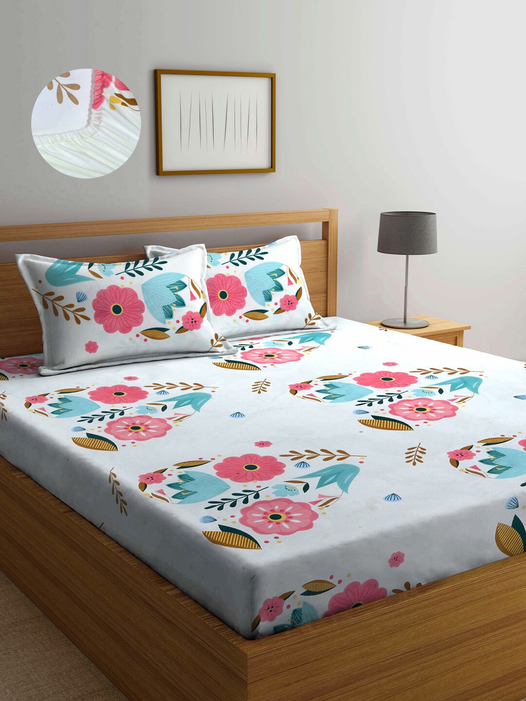 

Arrabi Green & White Floral 300 TC King Bedsheet with 2 Pillow Covers