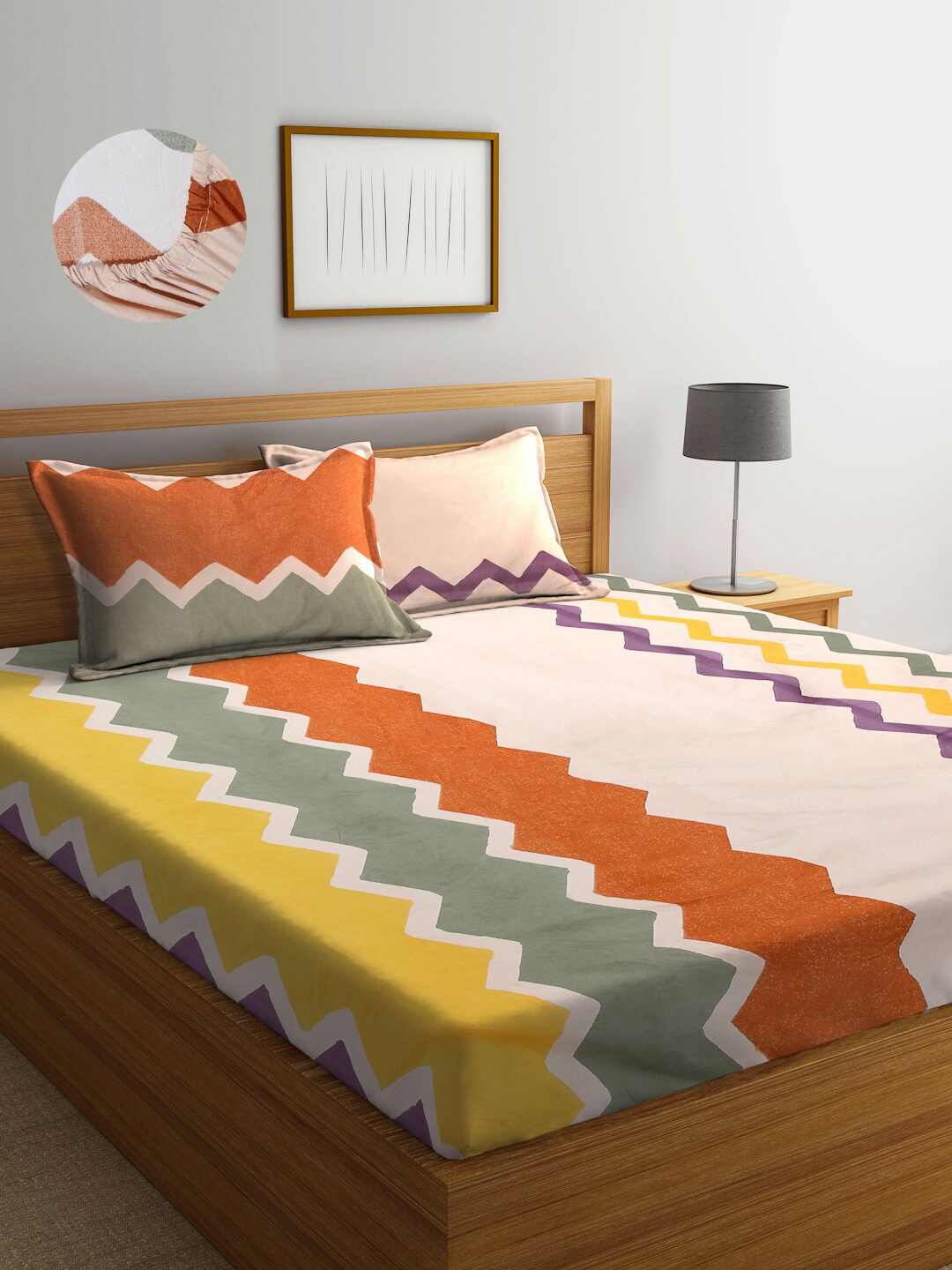 Arrabi Brown & Orange Graphic 300 TC King Bedsheet with 2 Pillow Covers