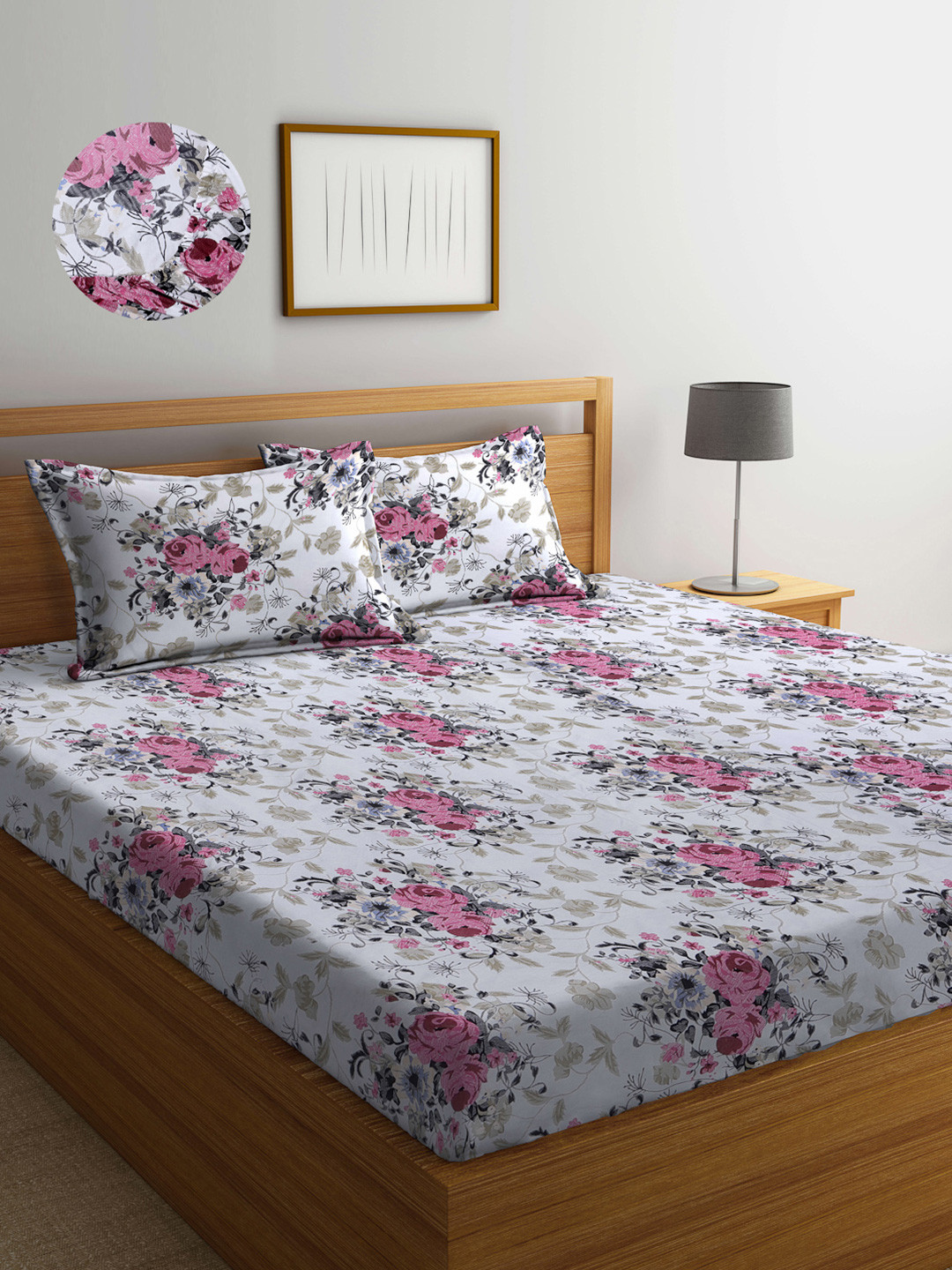 

Arrabi Unisex White Floral 300 TC 130 GSM King Size Bedsheet with 2 Pillow Covers