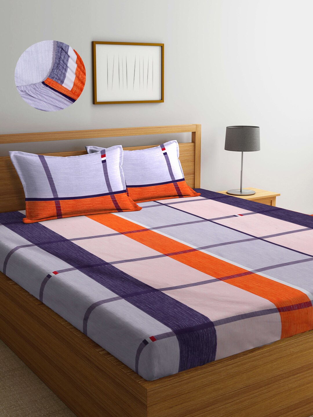 

Arrabi Navy Blue & Orange Geometric 300 TC King Bedsheet with 2 Pillow Covers