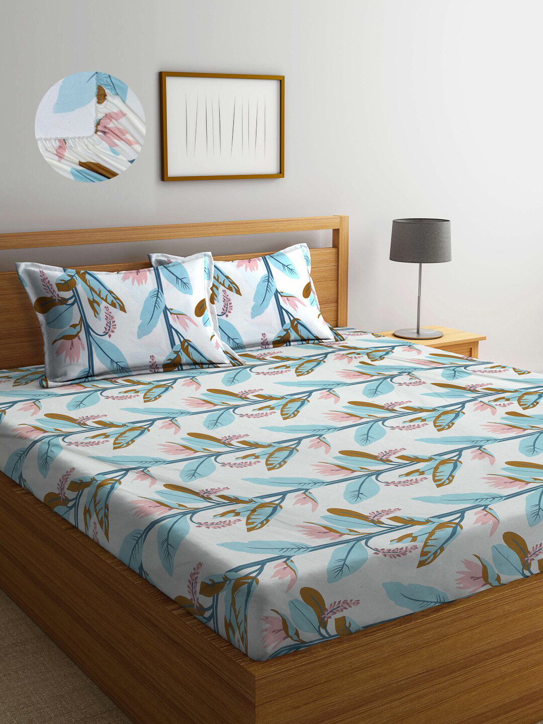 

Arrabi Green & Blue Floral 300 TC King Bedsheet with 2 Pillow Covers