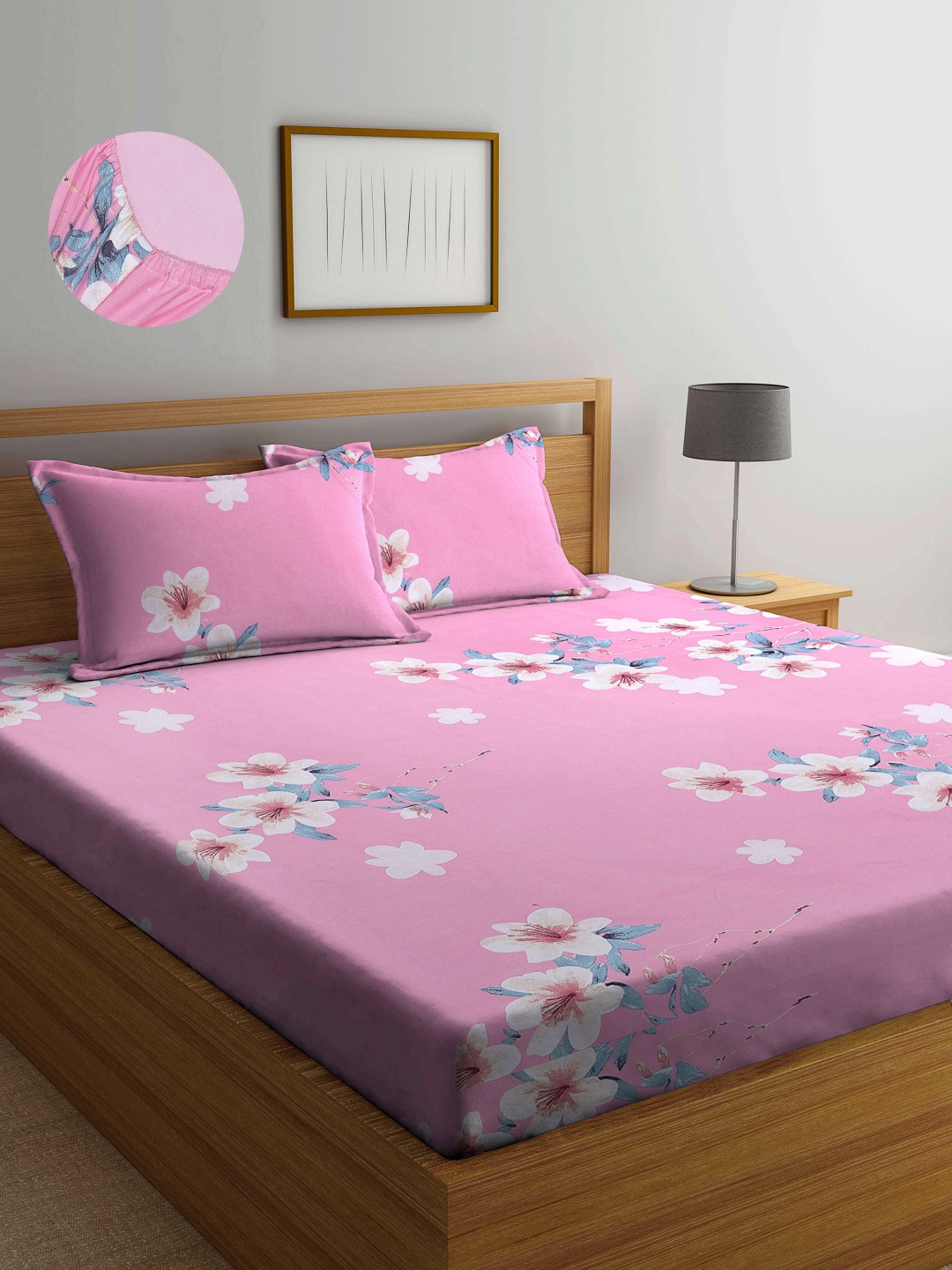 

Arrabi Pink & Blue Floral 300 TC King Bedsheet with 2 Pillow Covers