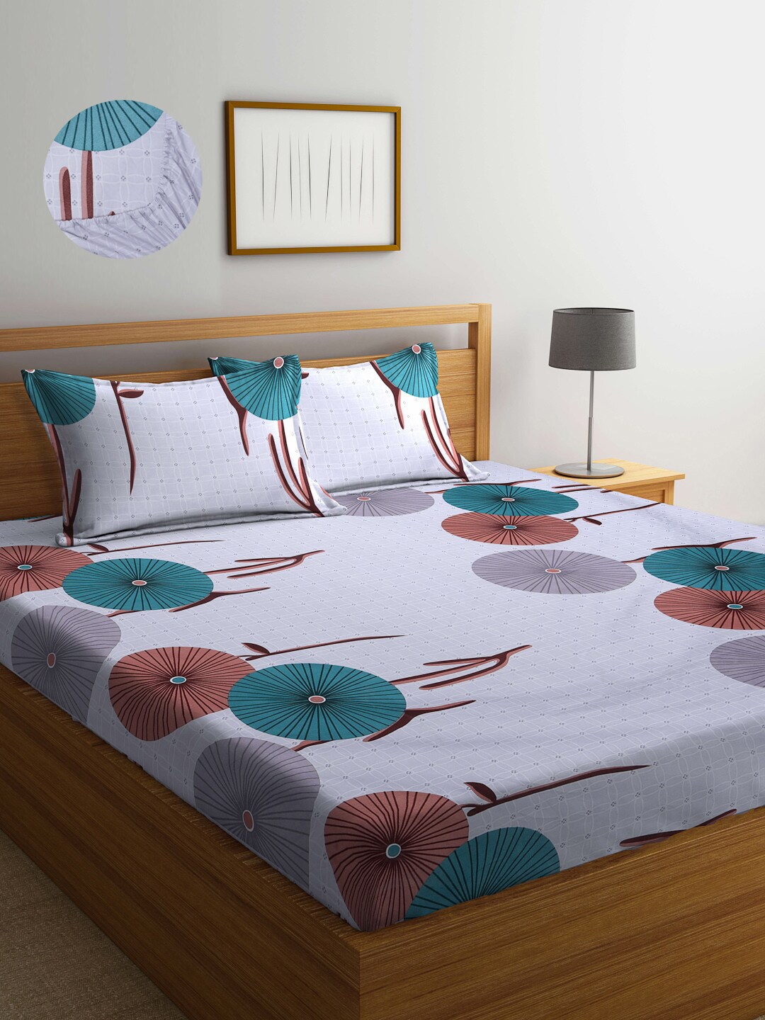 

Arrabi Grey & Blue Floral 300 TC King Bedsheet with 2 Pillow Covers