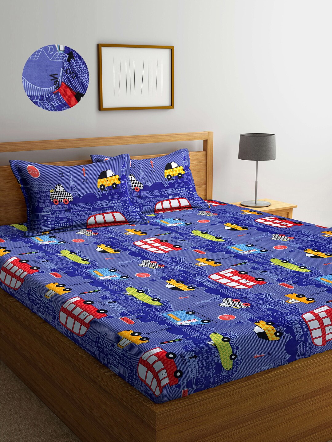 Arrabi Blue & Red Graphic 300 TC King Bedsheet with 2 Pillow Covers