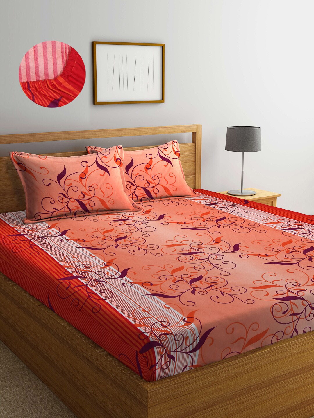 

Arrabi Orange & Burgundy Floral 300 TC King Bedsheet with 2 Pillow Covers