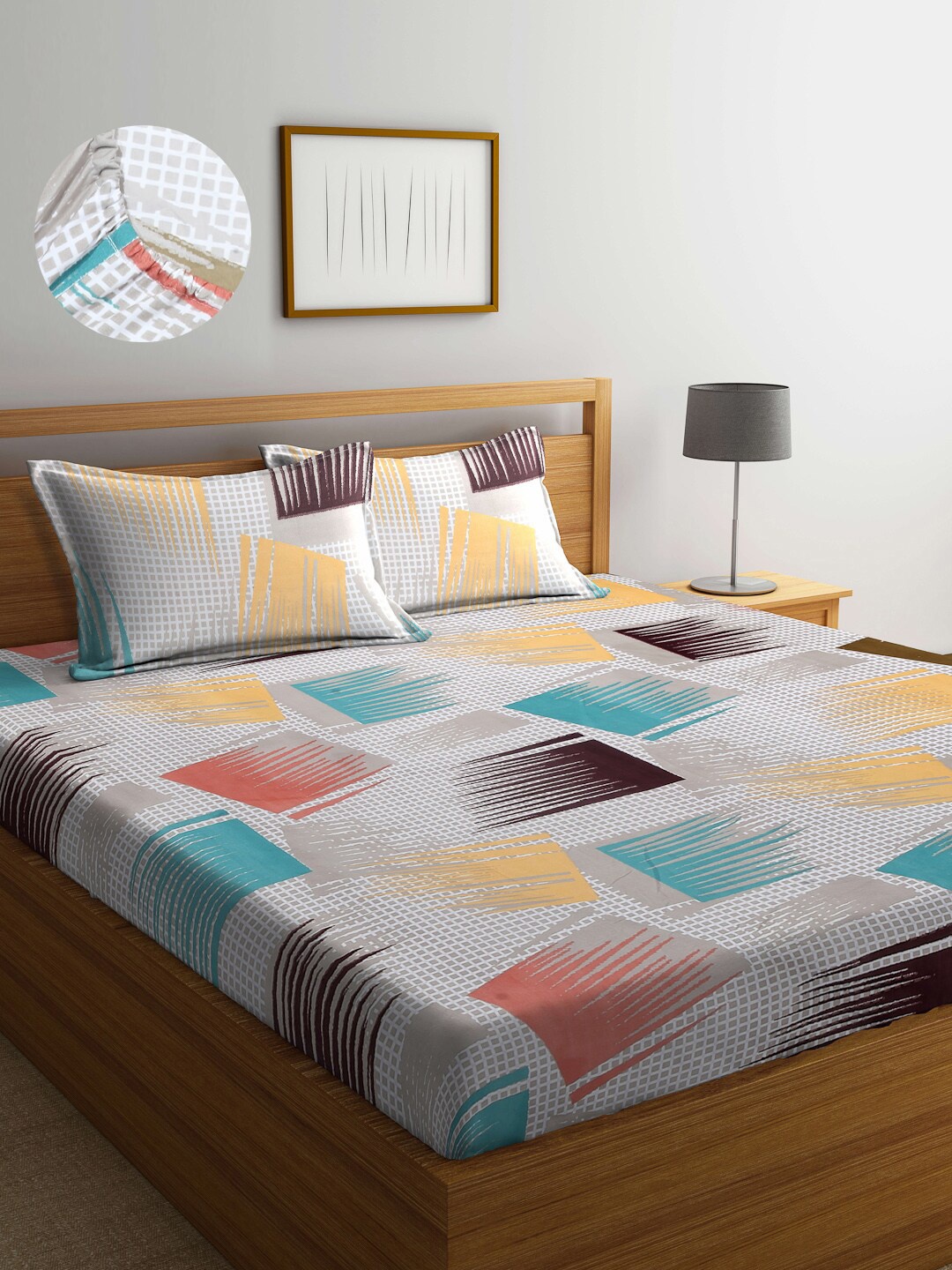 

Arrabi Blue & Mustard Graphic 300 TC King Bedsheet with 2 Pillow Covers