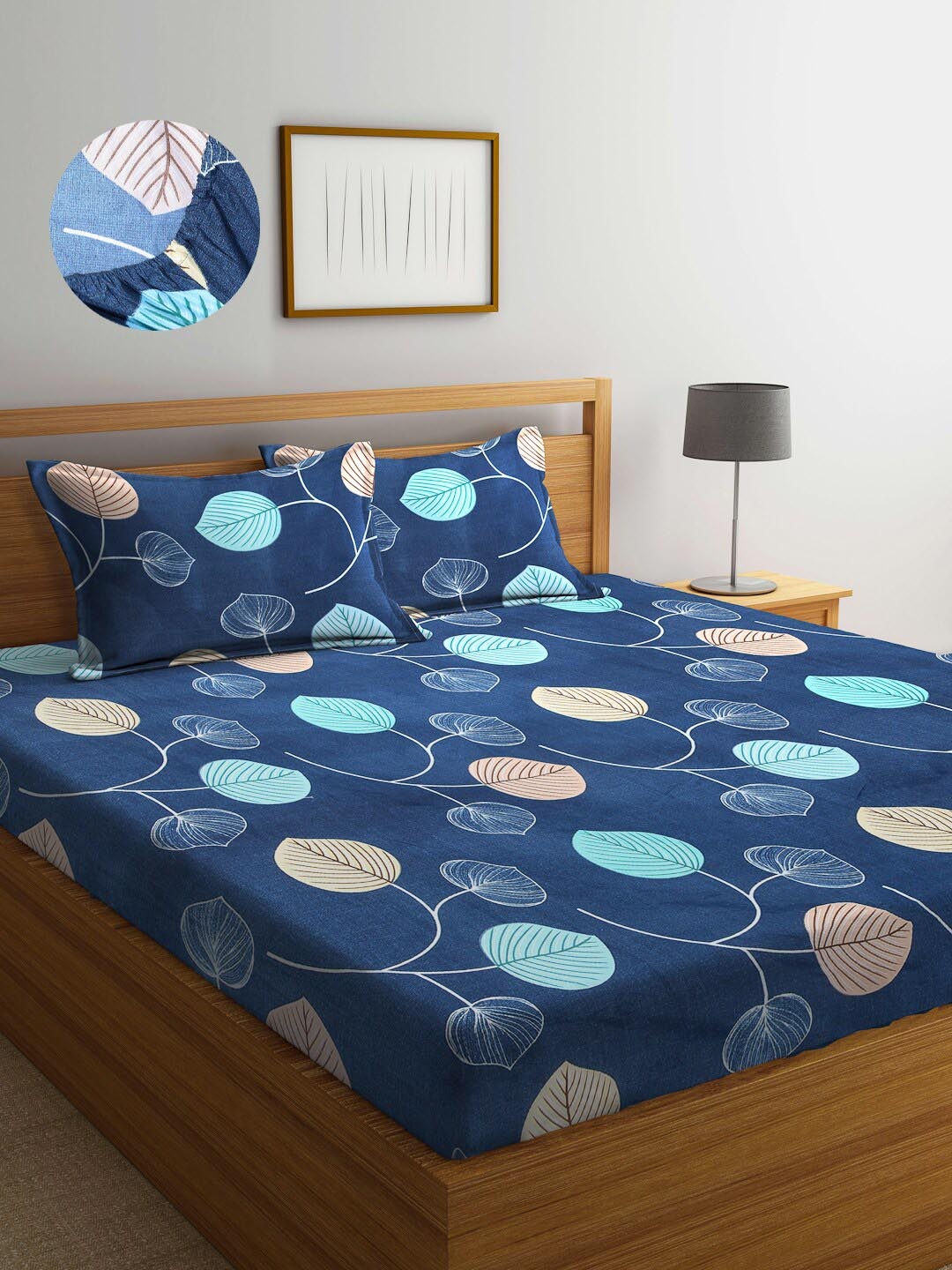 Arrabi Blue & Beige Floral 300 TC King Bedsheet with 2 Pillow Covers