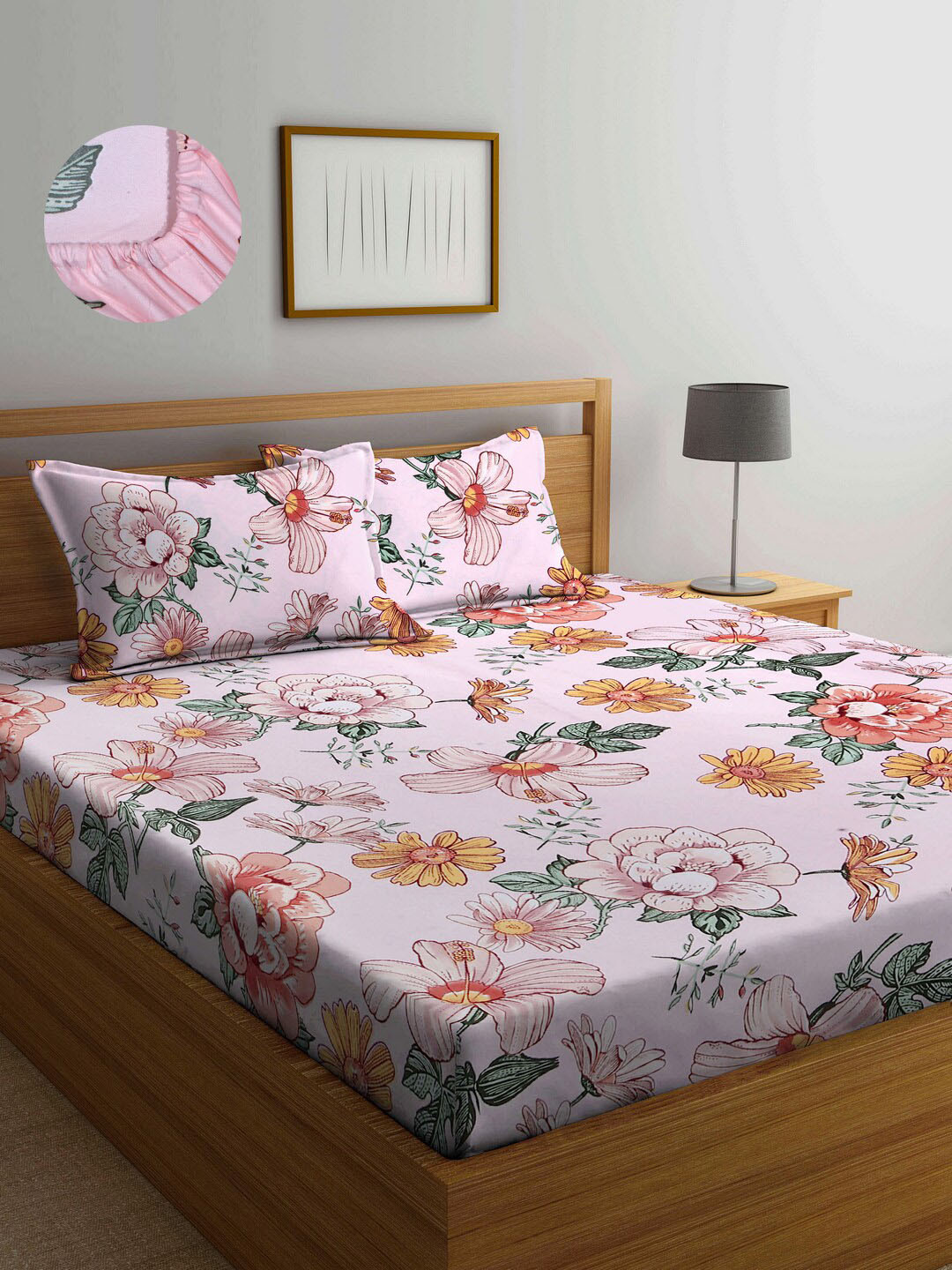 

Arrabi Pink & Yellow Floral 300 TC King Bedsheet with 2 Pillow Covers