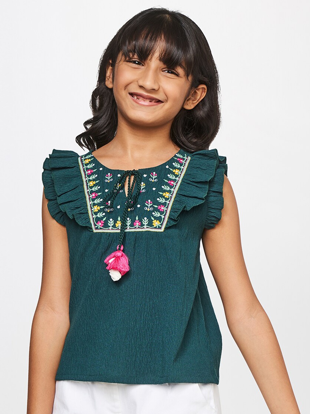 

Global Desi Green Print Ruffles Top