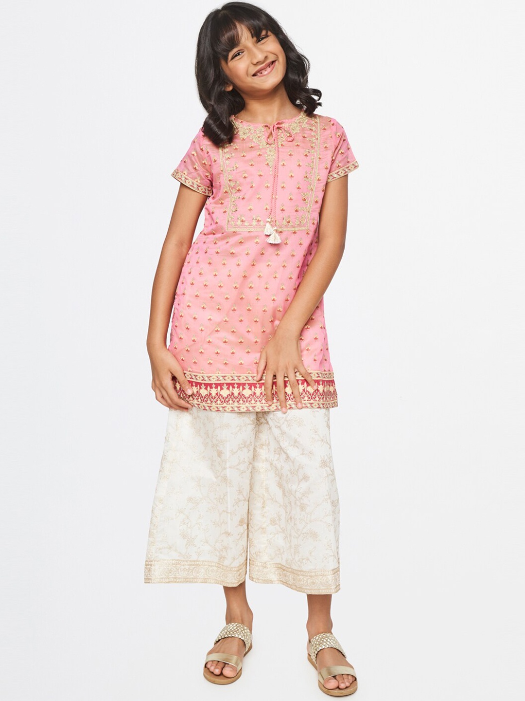 

Global Desi Girls Pink & White Kurta With Palazzos