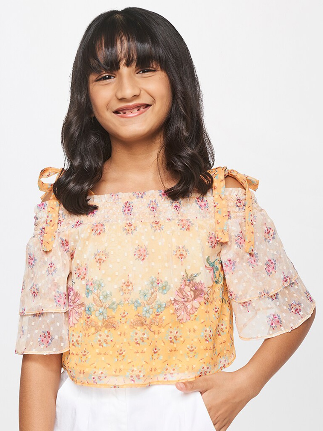

Global Desi Girls Yellow & Pink Printed Off-Shoulder Crop Top