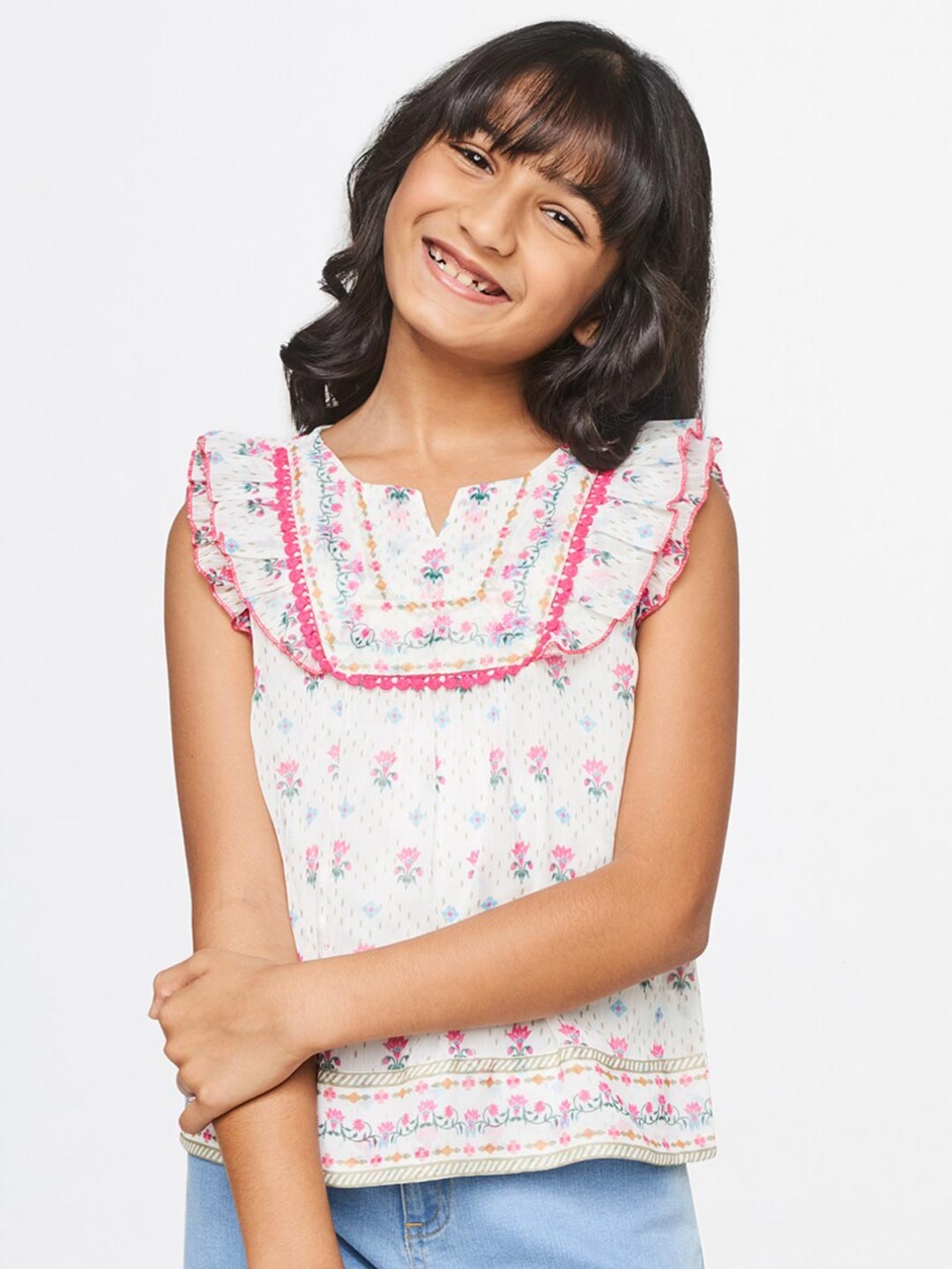 

Global Desi Girls Off White & Pink Floral Print Top